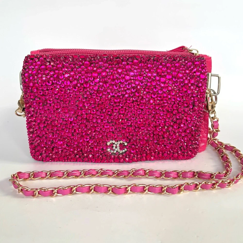 CHA-NEL CC Custom Rhinestone Hot Pink Leather Wallet on Chain - Picture 1 of 14